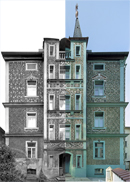 Glasscherbenvilla vor und nach der Fassadensanierung